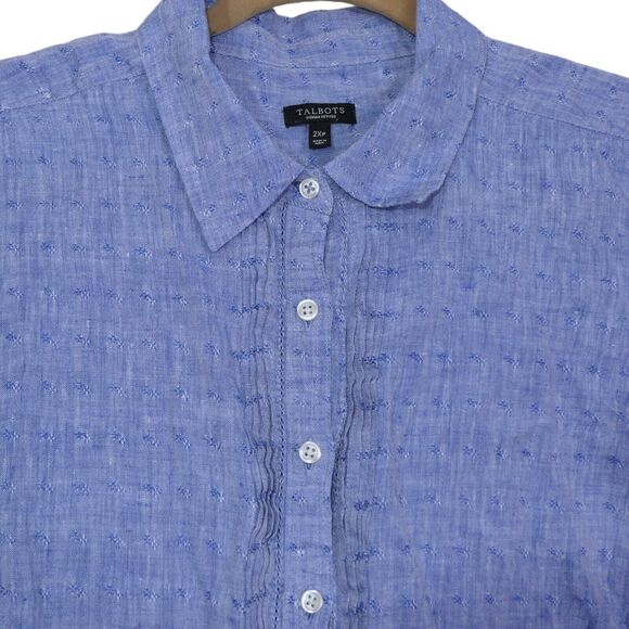 Talbots Woman Petite 2XP 100% Linen Button Up Shirt Blue Textured Roll Tab EUC - Picture 2 of 9